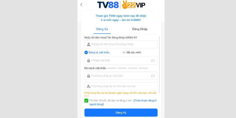 Đăng ký tài khoản tại TV88